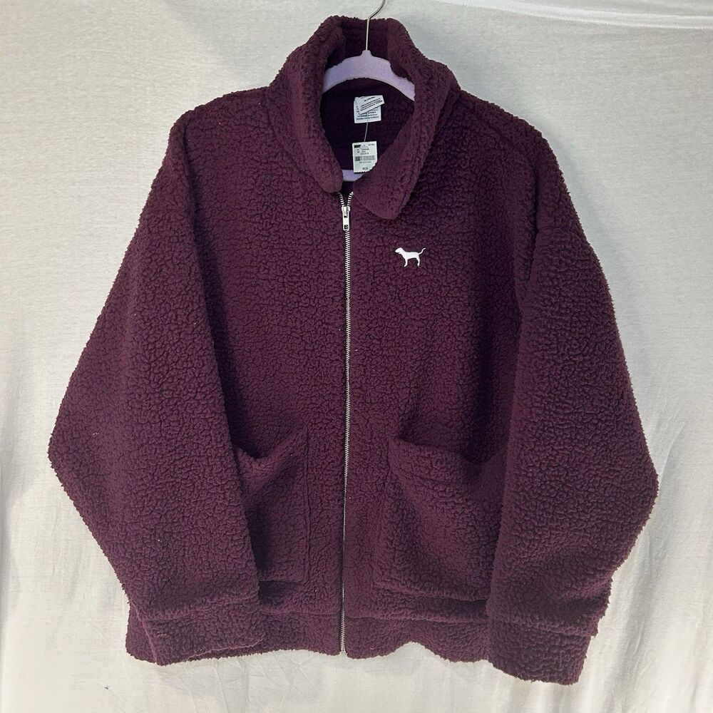 PINK Victoria's Secret Jacket Womens M Red Sherpa Full Zip Fleece Cozy Warm NWTā